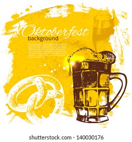 Oktoberfest vintage background. Hand drawn illustration. Splash blob retro design with beer