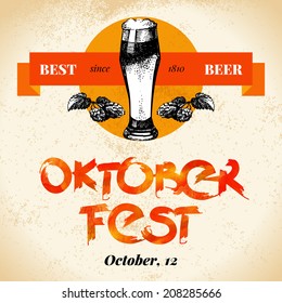 Oktoberfest vintage background. Typographic poster. Hand drawn sketch and watercolor vector illustration