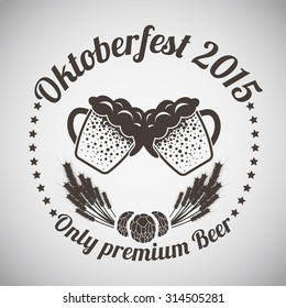 Oktoberfest Vintage Emblem. Two Mugs of Beer With Ears  of Wheat and Stars Rows. Suitable for Advertising, Fest Attributes, Pub Equipment  And Other Use. Dark Brown Retro Style.  Vector Illustration.
