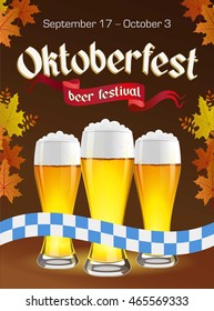 Oktoberfest vintage poster with beer and autumn leaves on dark background. Octoberfest banner. Gothic label.