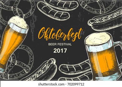 Oktoberfest vintage poster. Beer festival design. Vector Hand drawn beer glass with sausage, hot dog and pretzel on black. Hand made lettering. Sketch. Banner, flyer, brochure, web. Advertising. 