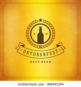 Oktoberfest vintage poster or greeting card and blurred background. Beer festival celebration. Vector illustration.