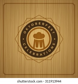 Oktoberfest vintage poster or greeting card and wooden background. Beer festival celebration. Vector illustration.