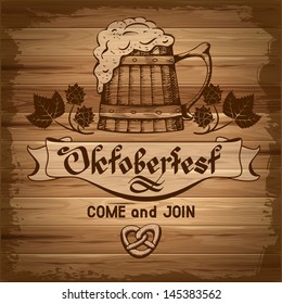 Oktoberfest, vintage poster with wooden background