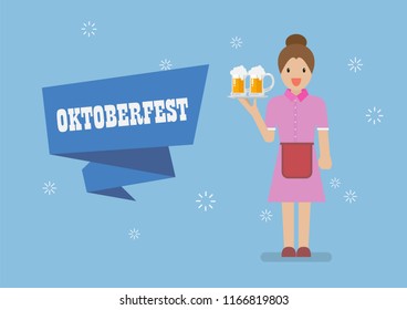 Oktoberfest with Waitress character serving glass of beer. Greeting card