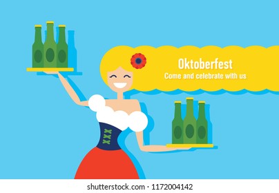 Oktoberfest waitress girl in traditional costume holding trays with beer bottles vector greeting card