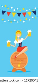 Oktoberfest waitress girl in traditional costume sitting on beer barrel vector greeting card