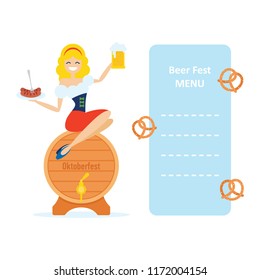 Oktoberfest waitress girl in traditional costume sitting on beer barrel vector menu card