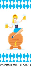 Oktoberfest waitress girl in traditional costume sitting on beer barrel vector greeting card
