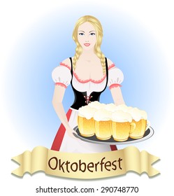Oktoberfest waitress with a tray of beer. Vector illustration.
