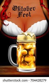 Oktoberfest waitress. Women's festive decollete with beer bottles, high detailed delicious illustration
