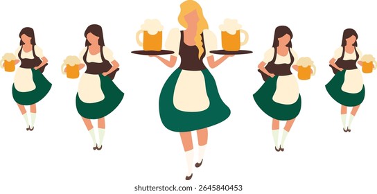 Oktoberfest Garçonetes Oktoberfest Servindo Ilustração de Cerveja
