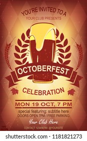 Oktoberfest Website  invitation banner template with  autumn and maple autumn leaves on beer texture . Oktoberfest pattern. Event poster design template. Autumn decoration template. Vector EPS 10