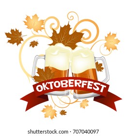 Oktoberfest. Welcome to the beer festival. The invitation, flyer or poster for the holiday. Two large glass of beer. Stock vector.