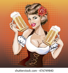 Oktoberfest woman with beer, pin-up pop-art sexy girl vector illustration