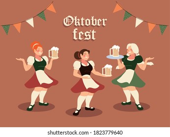 oktoberfest women with traditional cloth beer and banner pennant design, Germany festival and celebration theme Vector illustration