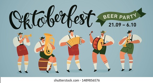 Oktoberfest world biggest beer festival opening parade musicians with historical costumes playing trumpet, accordion and drum, music bands.