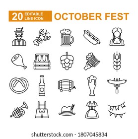 Oktoberfest, das größte Bierfestival der Welt, traditionelle bayerische Festivalembleme - dünne Web-Icon-Set. Kollektion von Symbolen in einer Übersicht. Einfache Vektorgrafik.