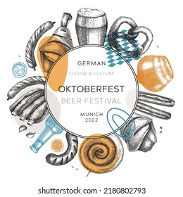 Oktoberfest wreath in collage style. German food and drinks menu design. Meat dishes sketches. German cuisine vintage frame. Traditional beer festival sketched illustration. Oktoberfest party banner