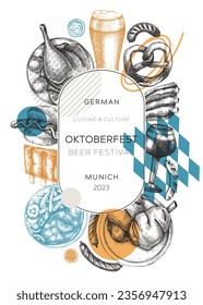 Oktoberfest wreath in collage style. German food and drinks menu design. Meat dishes sketches. German cuisine vintage frame. Traditional beer festival sketched illustration. Oktoberfest party