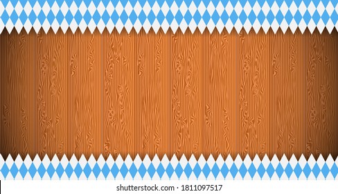 The Oktoberfest wreath features a blue-and-white checkered pattern and Oktoberfest text with a ribbon on a wooden background. The Oktoberfest backdrop celebrates in modern and up-to-date style
