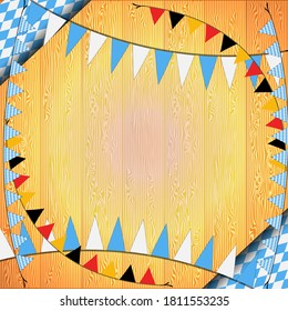 The Oktoberfest wreath features a blue-and-white checkered pattern and Oktoberfest text with a ribbon on a wooden background. The Oktoberfest backdrop celebrates in modern and up-to-date style