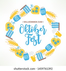 Oktoberfest wreath with flag, beer, wheat, glass, bottle, gingerbread on white background. Perfect for food and beer festivals, seasonal holidays, invitations