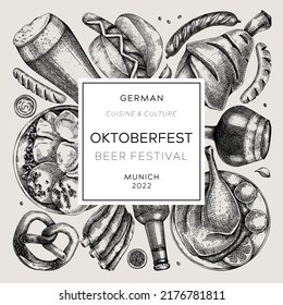 Oktoberfest wreath. German food and drinks menu design. Vector meat dishes sketches. German cuisine vintage frame. Oktoberfest party. Beer festival background in sketched style. Card or invitation