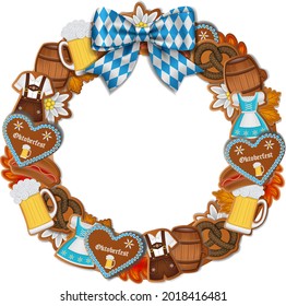 oktoberfest wreath with gingerbread cookies and blue and white bow
