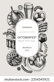 Oktoberfest wreath. Hand-drawn vector illustration. German food and drinks menu. Meat dishes and beer sketches. German cuisine vintage frame. Traditional Derman festival design template.