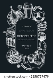 Oktoberfest wreath on chalkboard. German food and drinks menu design template. Meat dishes sketches. German cuisine vintage frame. Traditional beer festival banner. Oktoberfest party