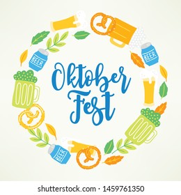Oktoberfest wreath with pretzel, bottle, beer, mug, leaves, branch on beige background. Perfect for food and beer festivals, seasonal holidays, invitations