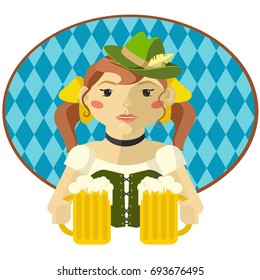 Oktoberfest young woman in green hat with mugs of beer, character in vector flat style on tradition background