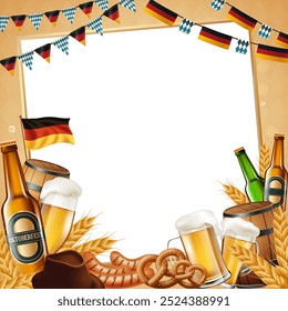 Oktoberfest-themed frame with beer, pretzels, sausages, and German flags.