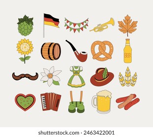 Iconos temáticos del Oktoberfest. El estilo es colorido y caricaturesco, capturando los Elementos tradicionales alemanes. Representar y celebrar los aspectos culturales del Oktoberfest.