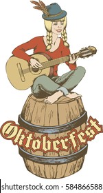 Oktobrfest card: girl with guitar in bavarian hat. Vector illustration