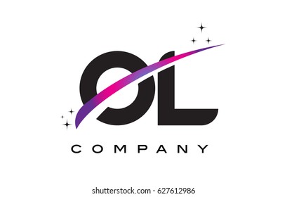 OL O L Black Letter Logo Design with Purple Magenta Swoosh and Stars.