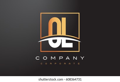 OL O L Golden Letter Logo Design with Swoosh and Rectangle Square Box Vector Design.