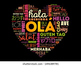 OLA (Hello Greeting in Portuguese) love heart word cloud in different languages of the world