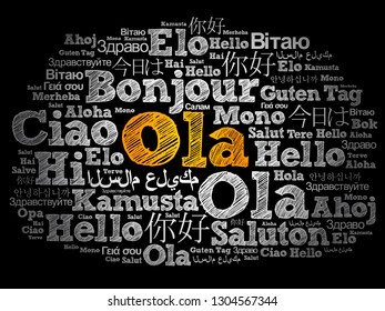 OLA (Hello Greeting in Portuguese) word cloud in different languages of the world