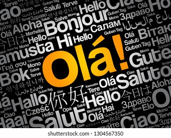 OLA (Hello Greeting in Portuguese) word cloud in different languages of the world