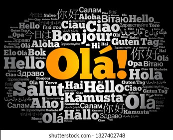 OLA (Hello Greeting in Portuguese) word cloud in different languages of the world