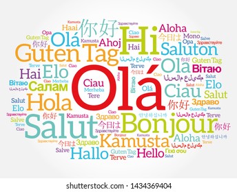 OLA (Hello Greeting in Portuguese) word cloud in different languages of the world