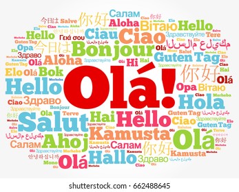 OLA (Hello Greeting in Portuguese) word cloud in different languages of the world, background concept