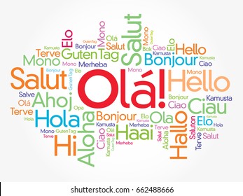 OLA (Hello Greeting in Portuguese) word cloud in different languages of the world, background concept