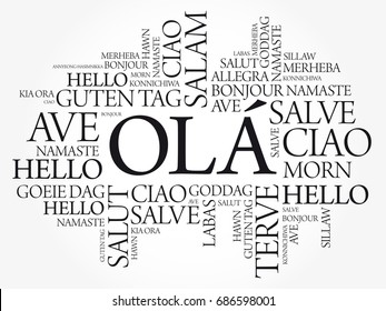 OLA (Hello Greeting in Portuguese) word cloud in different languages of the world, background concept