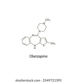 Olanzapine flat skeletal molecular structure Atypical Antipsychotic drug used in schizophrenia treatment. Vector illustration scientific diagram.