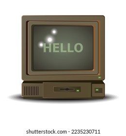 Old 1980's crt display, vintage pc, vector 3d illlustration, isolated on white