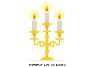 old 19th century candlestick with three candles. flat vector illustration.
