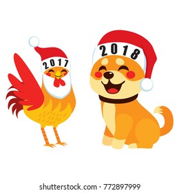 Old 2017 Chinese Zodiac Rooster Saying Goodbye Welcoming 2018 Dog As New Year Concept